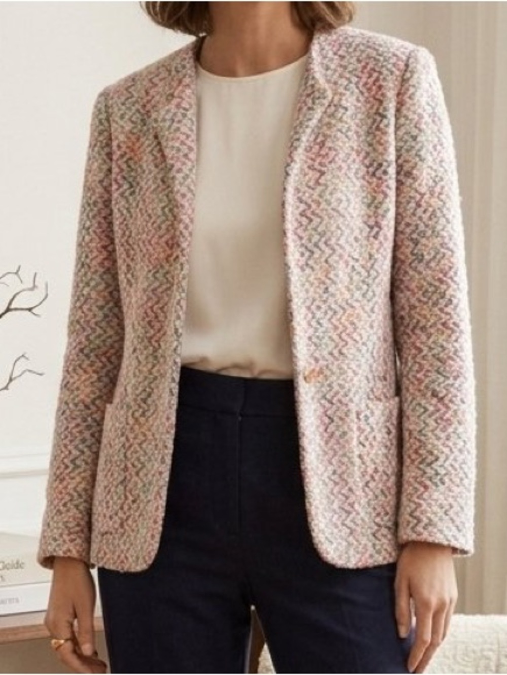 Vintage Devon Boucle Tweed Blazer Pastel Pink Green Mohair Jacket Sz 16